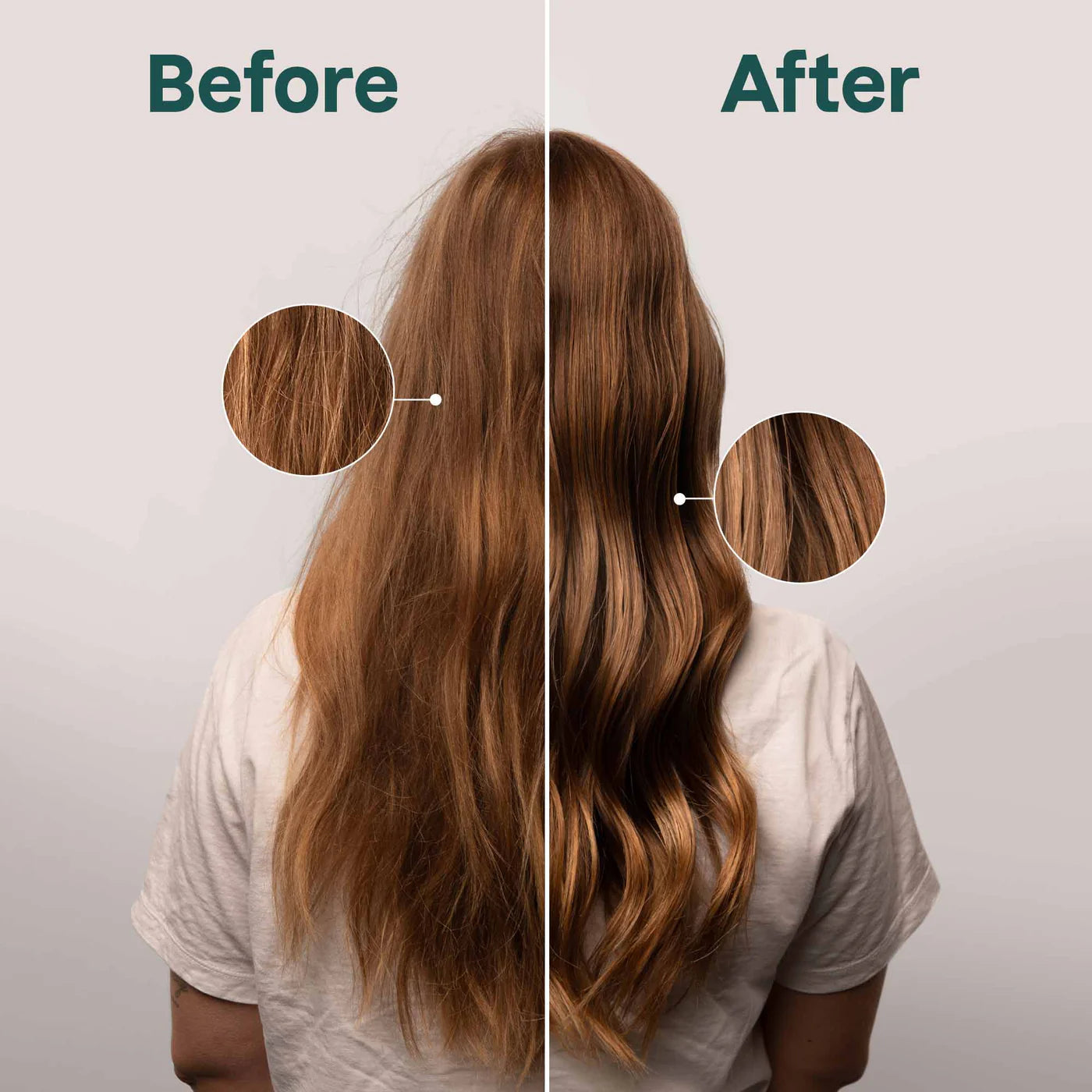 Before and after comparison of hair color treatment on a person with long brown hair.